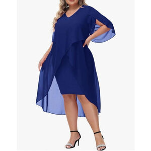 NEW Blue Chiffon Cocktail Ruffle 3/4 Sleeve Dress High Low Hem 24
